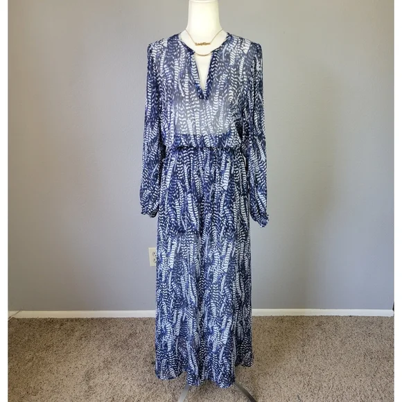 H&M // ultra-glam blue & white feathered print semi-sheer long maxi dress - Picture 2 of 15